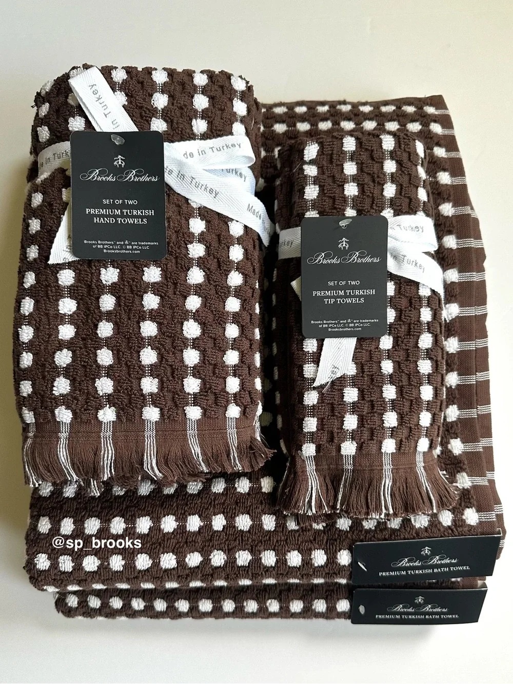 🎁2PC Brooks Brothers Premium Turkish Cotton Bath Towels - Brown and White